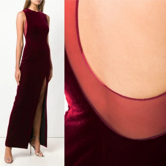 Galvan London Crescent Sheer Panel Thigh Split Velvet Wine Evening Gown Size 10 - Picture 9 of 17